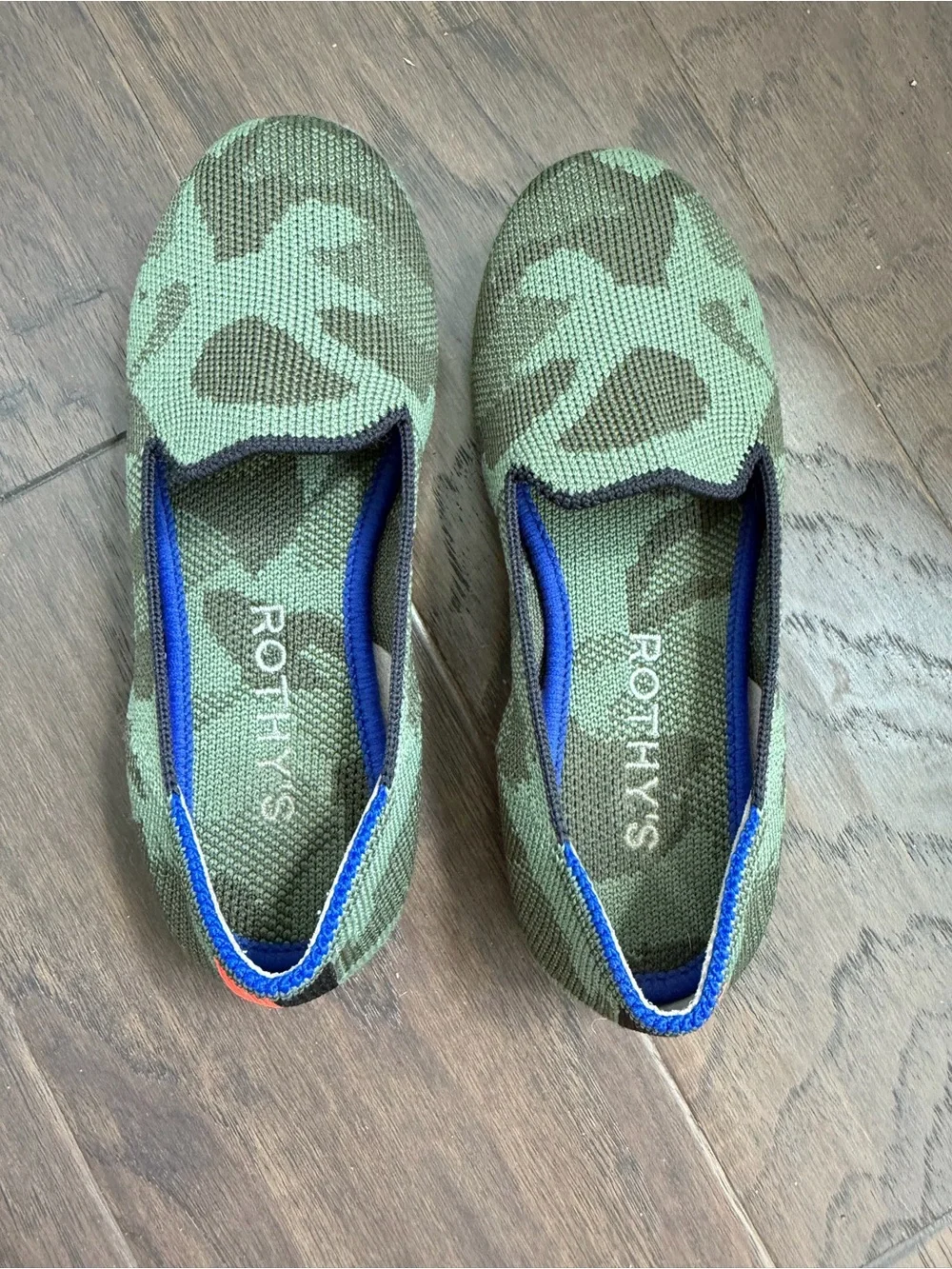 Rothy's Kids Camo Slip-On Shoes in Green with Blue Trim